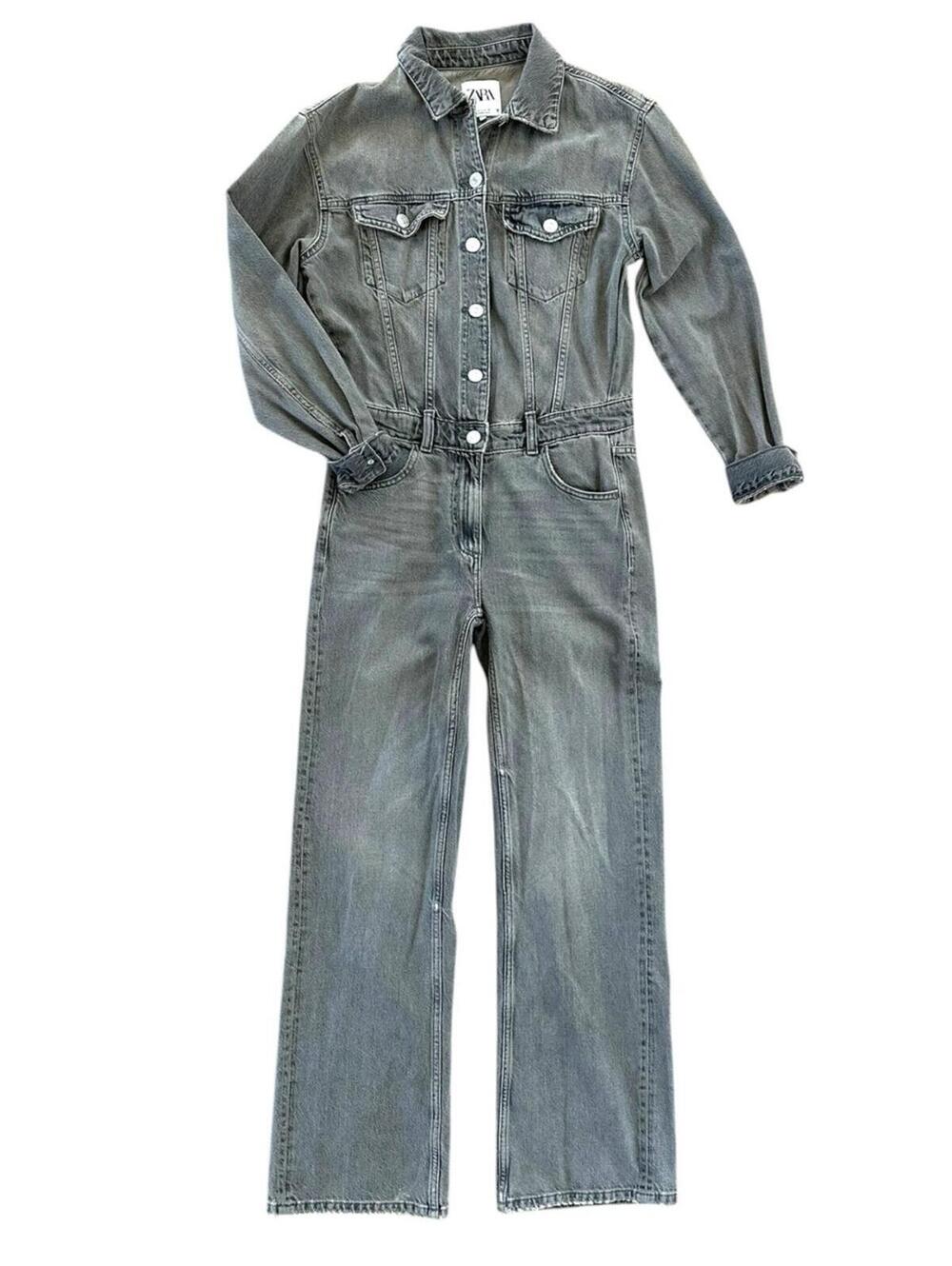 Zara Gray Denim Long Sleeve Button-Up Front Jumpsuit